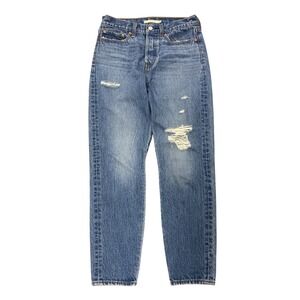 Levi Strauss Premium Wedgie Jeans Medium Wash Distressed Button Fly Womens 27